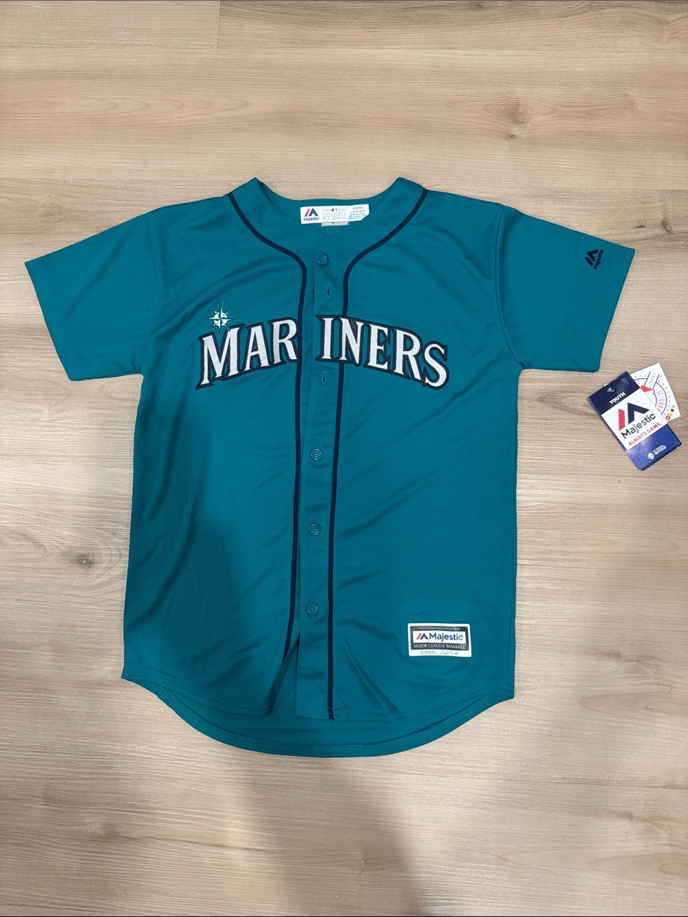 NWT Majestic Kids Mariners Size 14-16 #24 Griffey Teal Button-Front Jersey